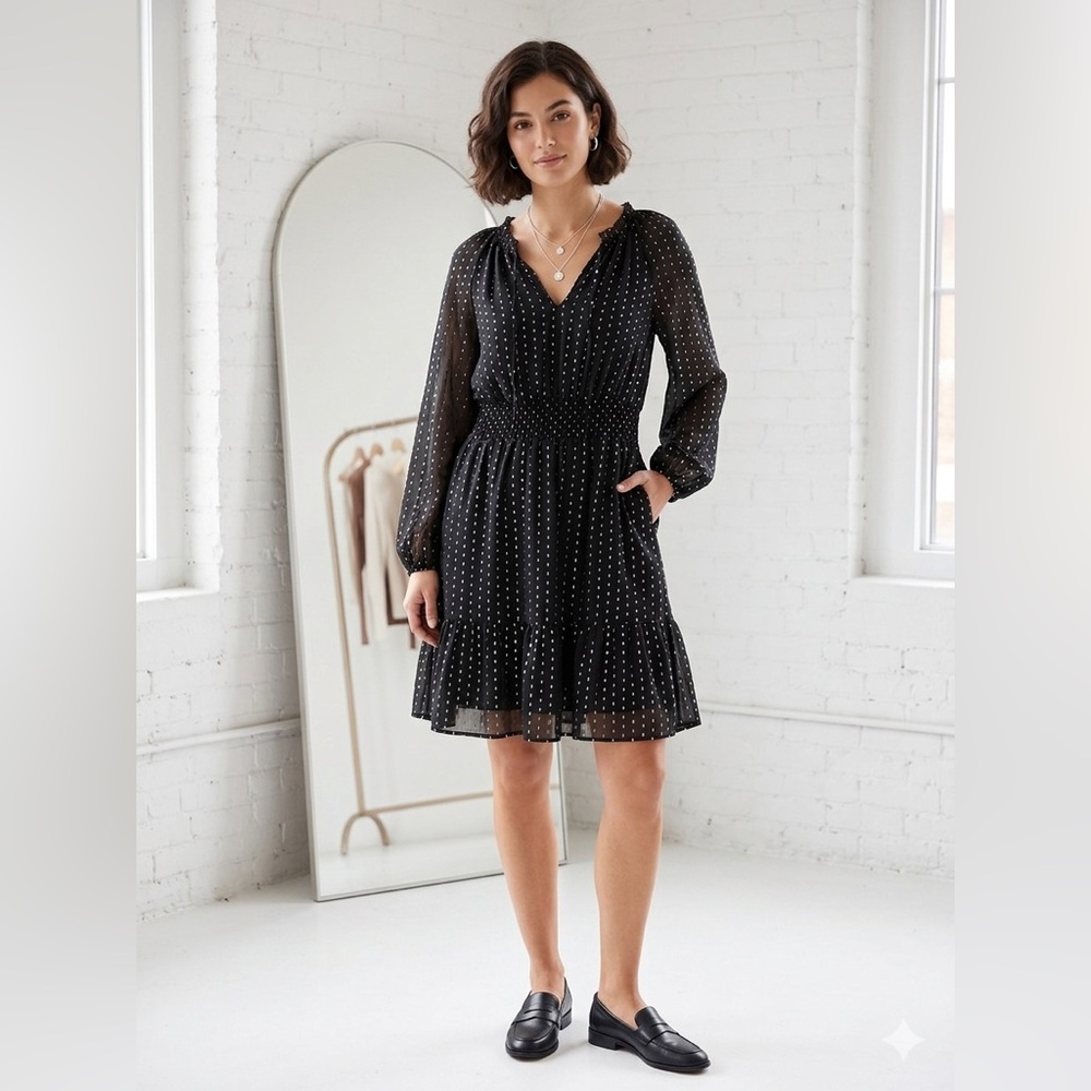 Old Navy Black Sheer Long-Sleeve Polka Dot Dress